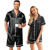 Ekouaer Couple Matching Pajamas Sets Silk Short Sleeve Button Down Sleepwear Satin Pjs Shorts Set Soft Loungewear S-XXL